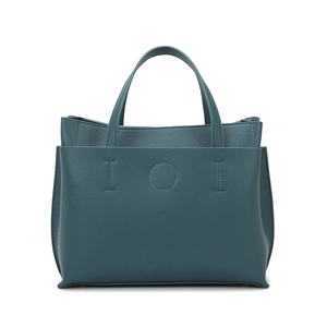 Teal blue leather tote bag with geometric stitching on a minimalist white background