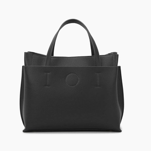 Minimalist black lychee texture leather tote bag with stylish top handles and multi-compartments