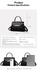 Detailed size specifications and device comparison for the black lychee leather handbag