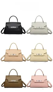 Litchi pattern leather handbags in six colors with silver turn-lock closure display