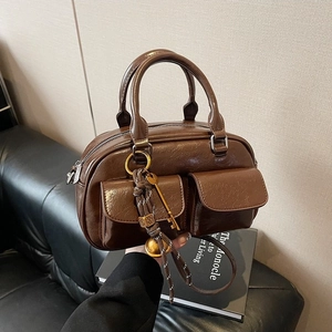 Vintage dark brown large capacity faux leather tote bag with dual front pockets