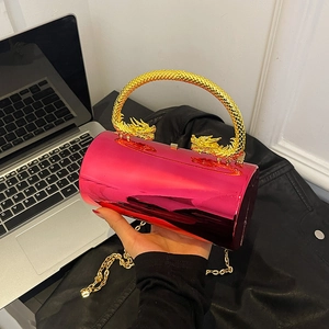 Retro fuchsia acrylic cylinder evening bag with double dragon handles and gold chain strap