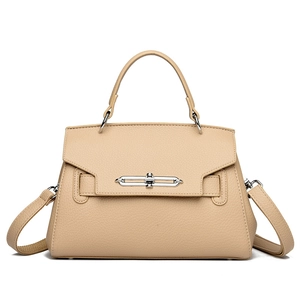 Elegant beige lychee texture satchel bag with top handle and adjustable shoulder strap