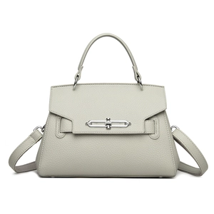 Light gray lychee pattern leather handbag with silver lock and detachable strap