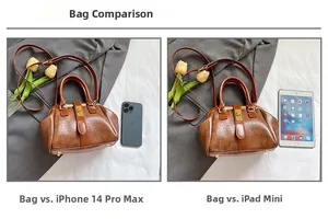 Brown crocodile texture handbag size comparison with iPhone 14 Pro Max and iPad mini