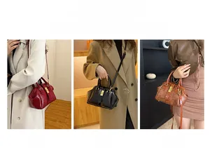 Detailed views of leather handbag with crocodile pattern in burgundy, black and brown tones