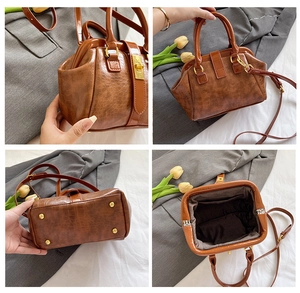 Detail shots of brown crocodile pattern handbag showing gold hardware and inner lining
