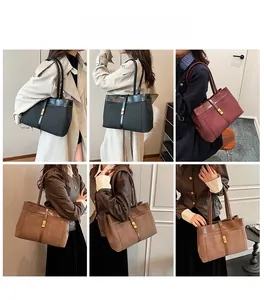 Collage of model wearing minimalist matte leather tote bag in black, brown, and burgundy