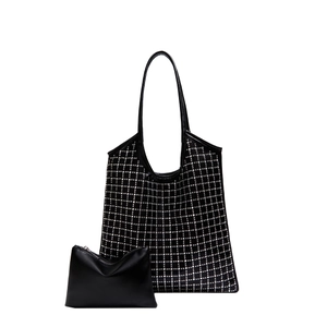 Black tote bag and pouch set with silver rivet grid pattern on synthetic leather