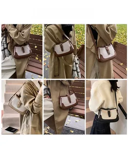 Collage of model wearing vintage canvas and leather crossbody bag in autumn outdoor setting
