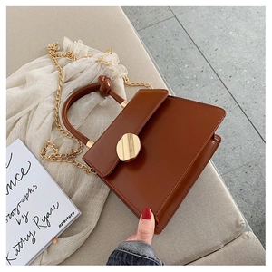 PU Leather Handbag With Knot Top Handle Gold Chain Crossbody Bag Flap Cover Round Metal Lock Elegant Daily Purse