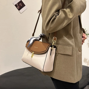 Fashion contrast color crossbody bag with textured leather and scarf-wrapped handle