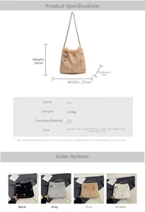 Tableau des tailles détaillé pour sac en peluche et options de couleurs avec nœud strass