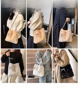 Détails de sacs seaux en peluche avec nœuds, perles et bandoulière en chaîne métal