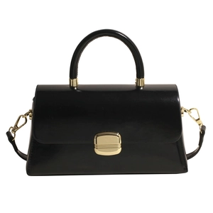 Sac à main classique en cuir noir brillant avec fermoir doré et poignée pour femme