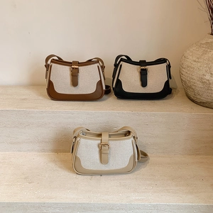 Vintage Canvas PU Leather Patchwork Crossbody Bag Women Fashion Underarm Shoulder Handbag With Adjustable Strap Metal Buckle