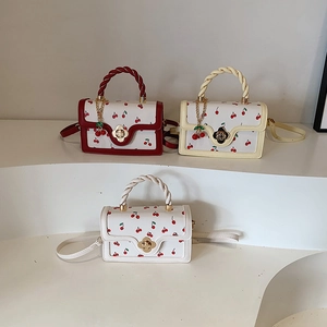 Cherry Print Small Square Bag PU Leather Sweet Women Crossbody Handbag With Flower Metal Buckle And Twisted Handle