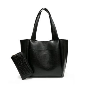 Grande borsa tote nera in pelle morbida con portafoglio lungo motivo coccodrillo donna