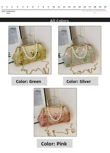 Detailed comparison of embroidered evening bags in green, silver, and pink with pearl handles