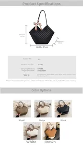 Detailed size specifications and multiple color variants of check embossed tote bag