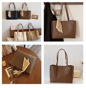 Detailed views of multi-color minimalist leather tote bags with elegant fashion silk scarf