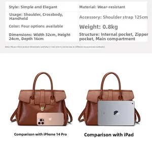 Size chart for large brown tote bag with iPad and phone dimensions comparison