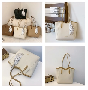 Detailed grid of four large tote bags featuring pebble texture and decorative silk scarves