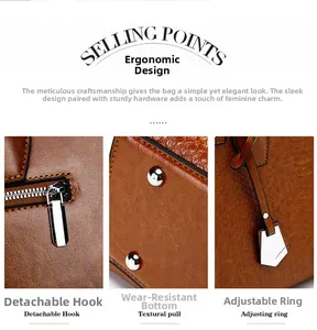 Detail showing silver metal zipper, bottom wear-resistant studs, and strap rings of brown bag
