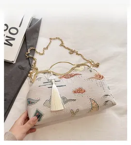 Detail showing embroidered fabric, gold metal handle and silk tassel on the shell bag