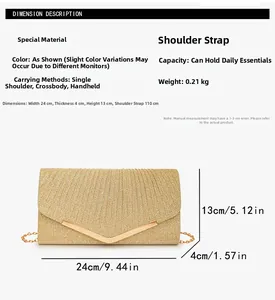 Detailed size specifications of the gold glitter envelope clutch bag with V-shaped metal trim