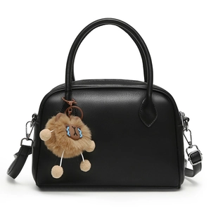 Minimalist black PU leather crossbody bag with cute plush animal charm and top handles