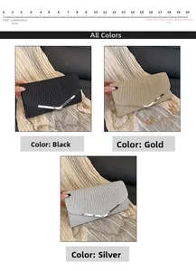 Detail view of sparkly envelope evening clutches in black, gold and silver with metal trim