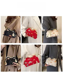 Detailed views of embroidered shell bag with gold handle and chain strap on models