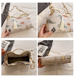 Detailed views of vintage shell bag with floral embroidery and gold metal frame clasp