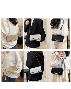 Sparkly envelope clutch bags in three colors shown with stylish outfits for party