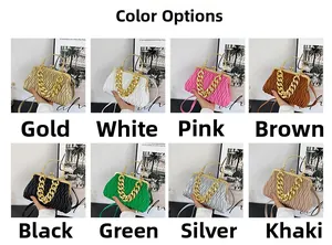 Detailed grid view showing eight candy-colored pleated handbags with gold chain handles