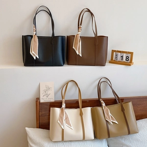 Women Large Capacity PU Leather Tote Bag With Decorative Satin Scarf Solid Color Stylish Versatile Commuter Handbag
