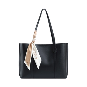 Fashionable black tote bag with silk scarf decoration and large capacity for daily use