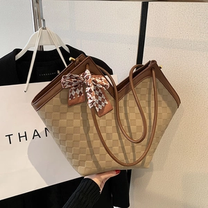 Large woven tote bag with retro check pattern, leather trim and matching scarf ribbon