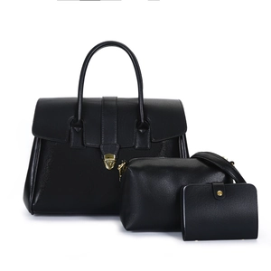 Three-piece black grain leather tote bag set with golden hardware for office work