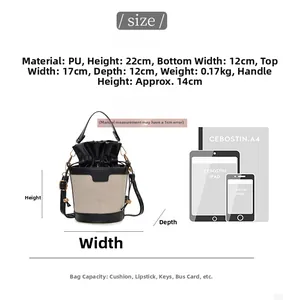 Size guide for drawstring bucket bag with dimensions and daily capacity reference chart