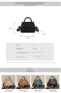 Detail view of stylish PU leather tote bag with printed strap and size specifications