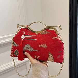 Red silk embroidery shell bag with gold clouds, rabbit tassel and chain strap