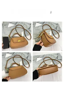 Sac à main en PU marron vu sous plusieurs angles avec un smartphone pour comparer la taille