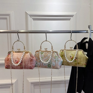 Retro Chinese Style Evening Bag Fabric With Artificial Pearl Handle And Metal Chain Embroidery Traditional Elegant Women