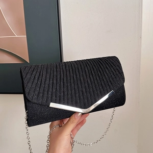 Sparkling black pleated envelope clutch bag with silver V-shaped metal clasp and chain