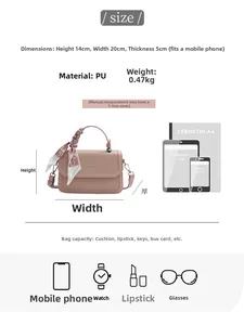 Detail showing pink PU handbag dimensions 20x14x5cm and daily essentials capacity