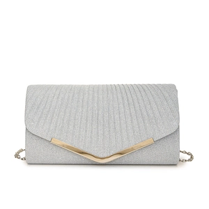 Sparkling silver envelope clutch bag with gold V-bar accent and elegant metal chain strap