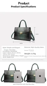 Size chart showing dimensions 30x22x9cm for green crocodile pattern crossbody bag