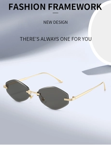 Detail of rimless hexagonal sunglasses with gold metal temples and geometric cut lenses
